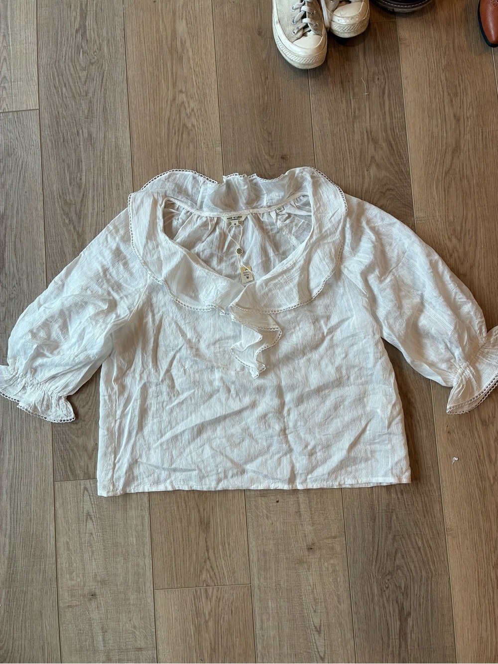 New max studio London white peasant blouse white semi sheer ruffle detail M